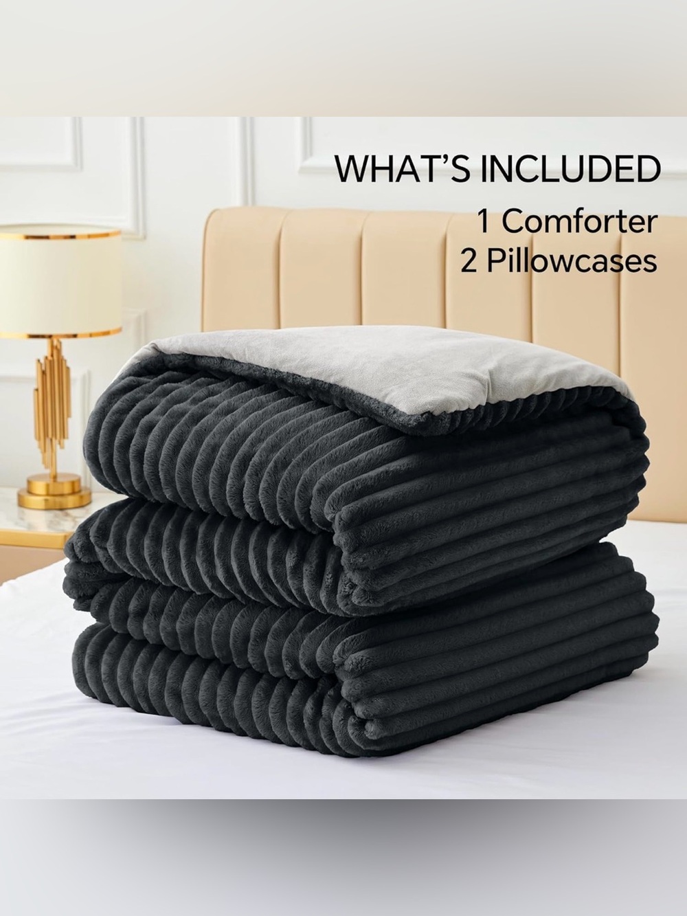 Fleece Oversized Queen Comforter Set, Fluffy Bed Set, Black